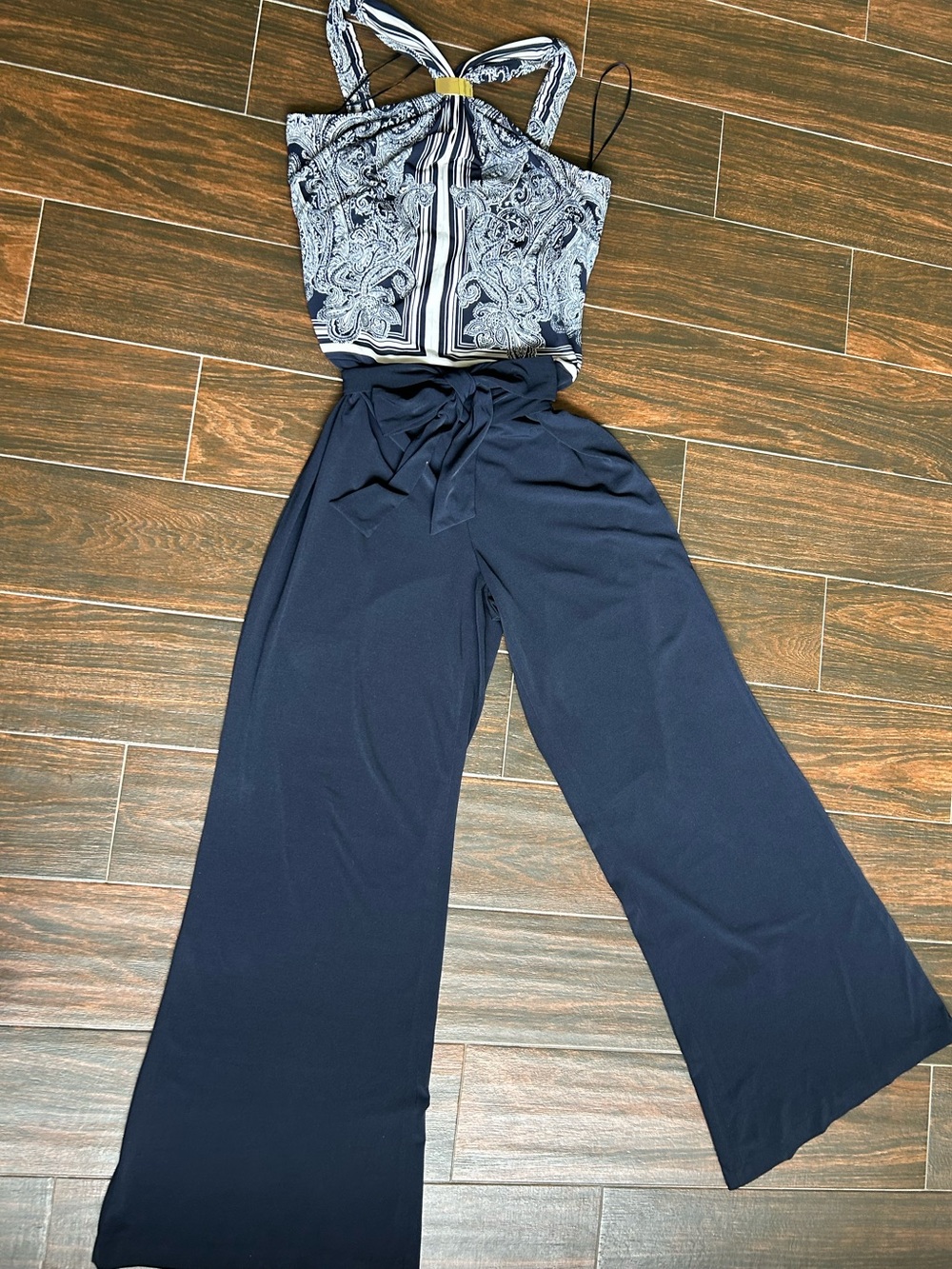 Cache Navy Wide-Leg Jumpsuit with Paisley Bodice